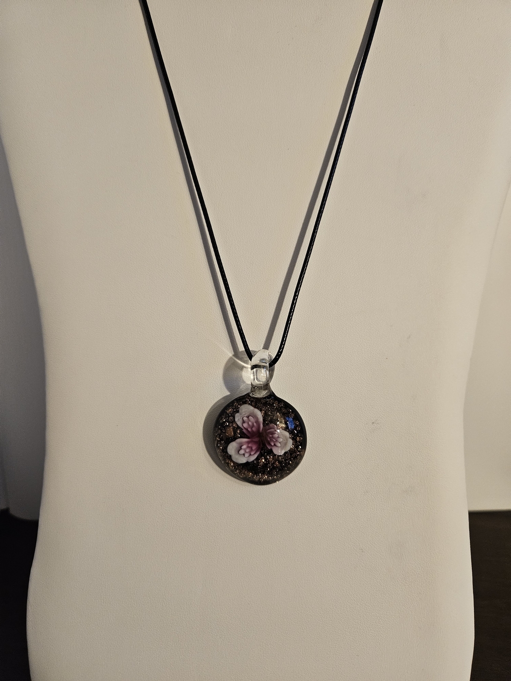 Handmade Black Glass Pendant Necklace with Pink Floral Detail